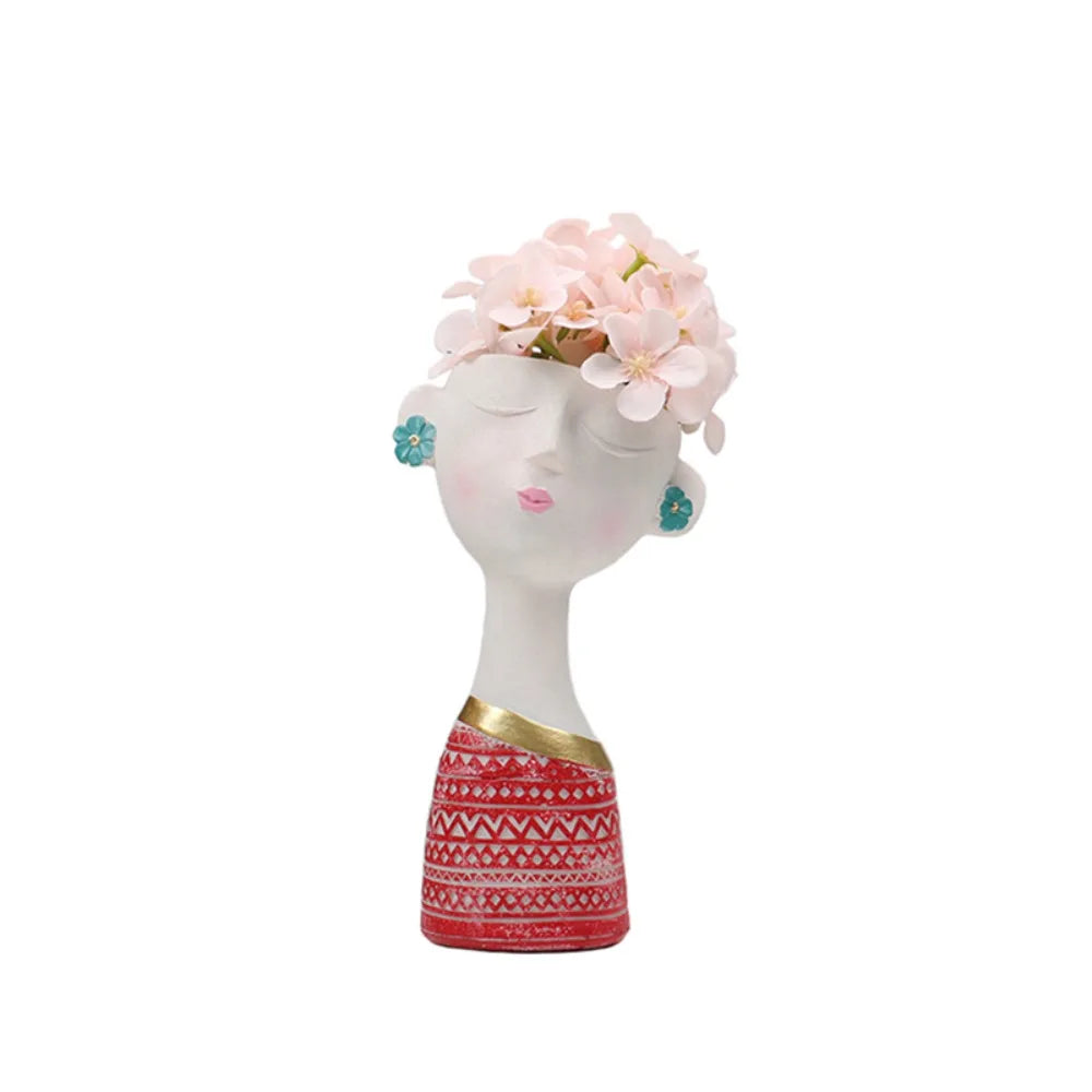 vase decoratif moderne buste feminin motif geometrique texturé fleurs artificielles blanc rouge
