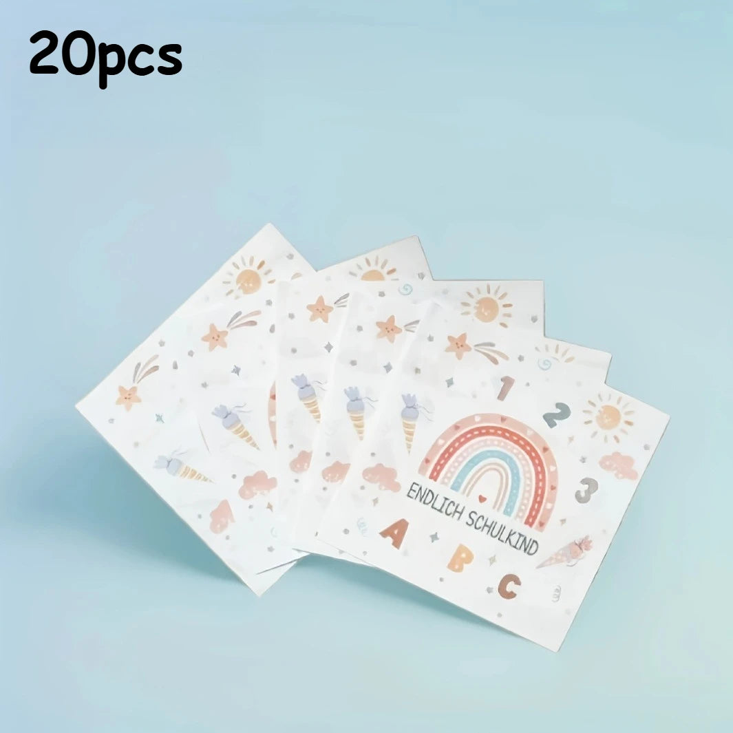 serviettes papier arc ciel lettres numéros étoiles nuages colorées pack 40 pièces