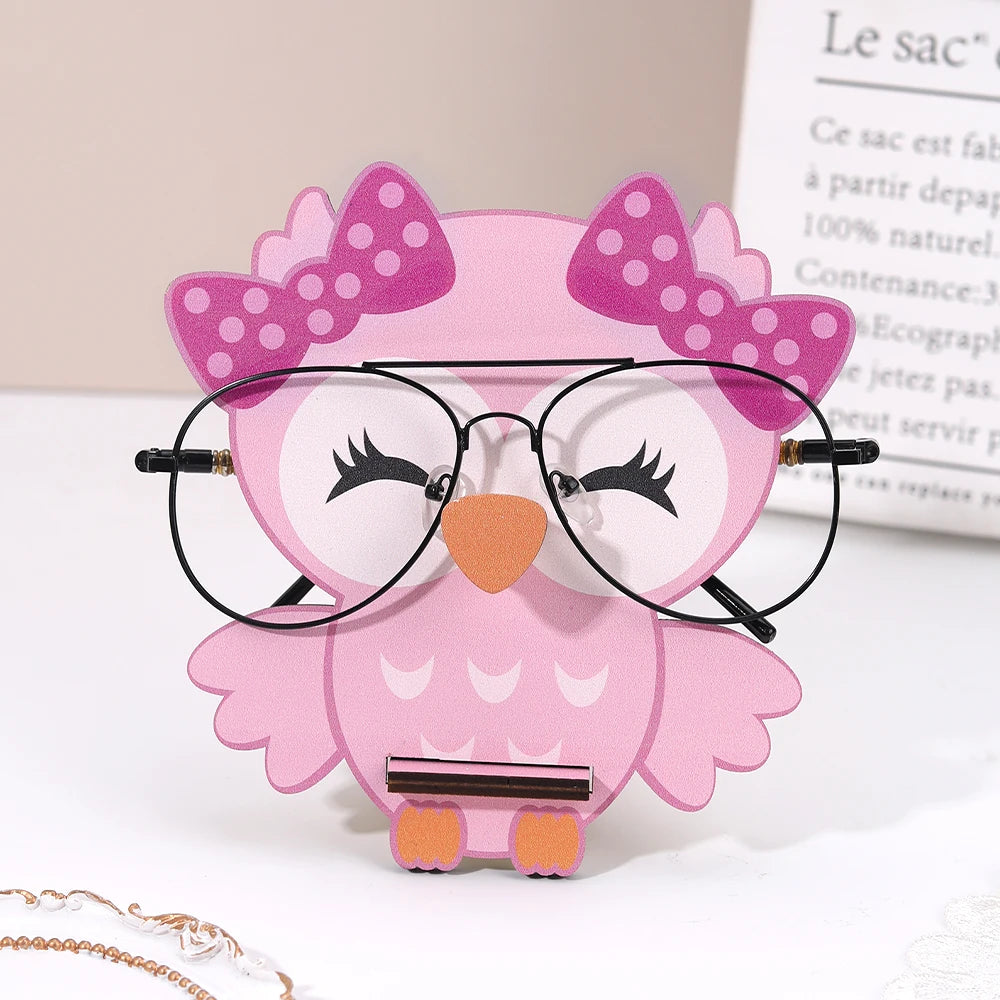 présentoir lunettes forme chouette kawaii rose marron bois décoratif maison plumes nœuds mignon