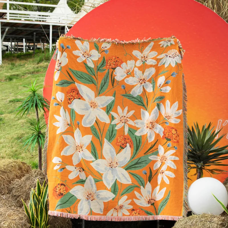 couverture tissée fleurs orange blanc vintage portable chambre camping