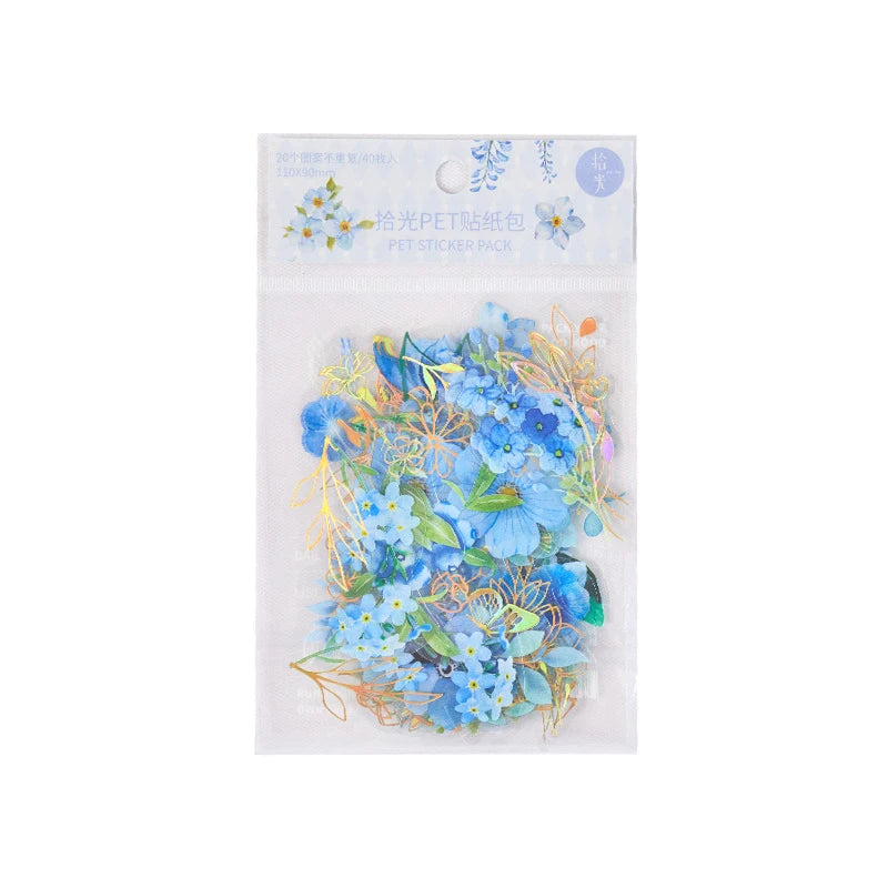 sticker floral adhésif bleu vert doré fleurs feuilles décoration carnet artisanal 40pcs