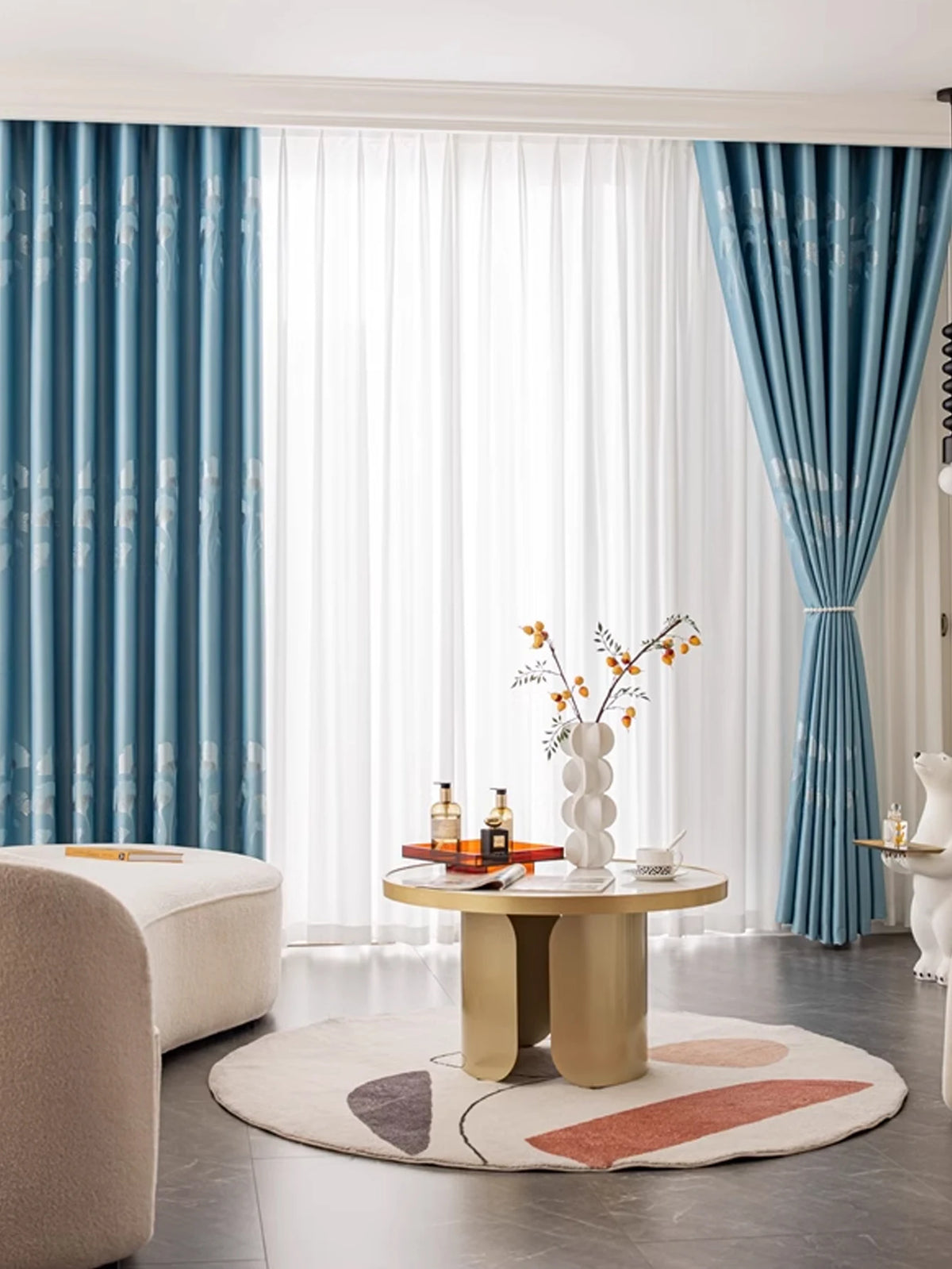 rideau moderne bleu clair imprimé floral feuilles ginkgo opacité blackout polyester Jacquard