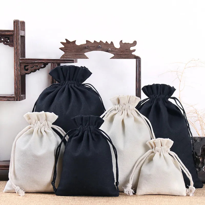 sacs rangement réutilisables toile coton cordon anti poussière blanc noir