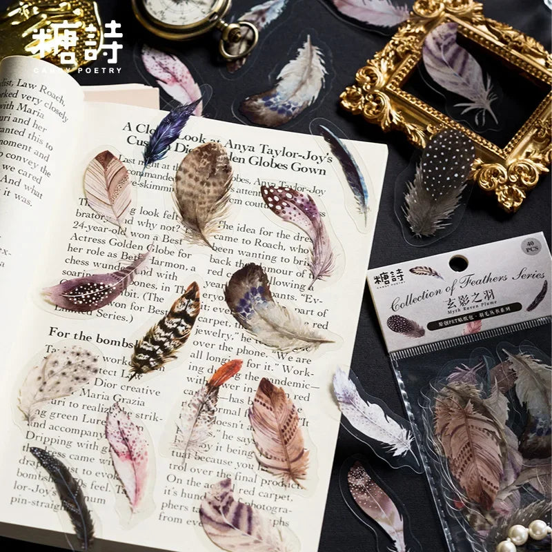 plumes décoratives adhésives violet rose bleu marron noir imprimées brillantes scrapbooking decoration matériaux plastique