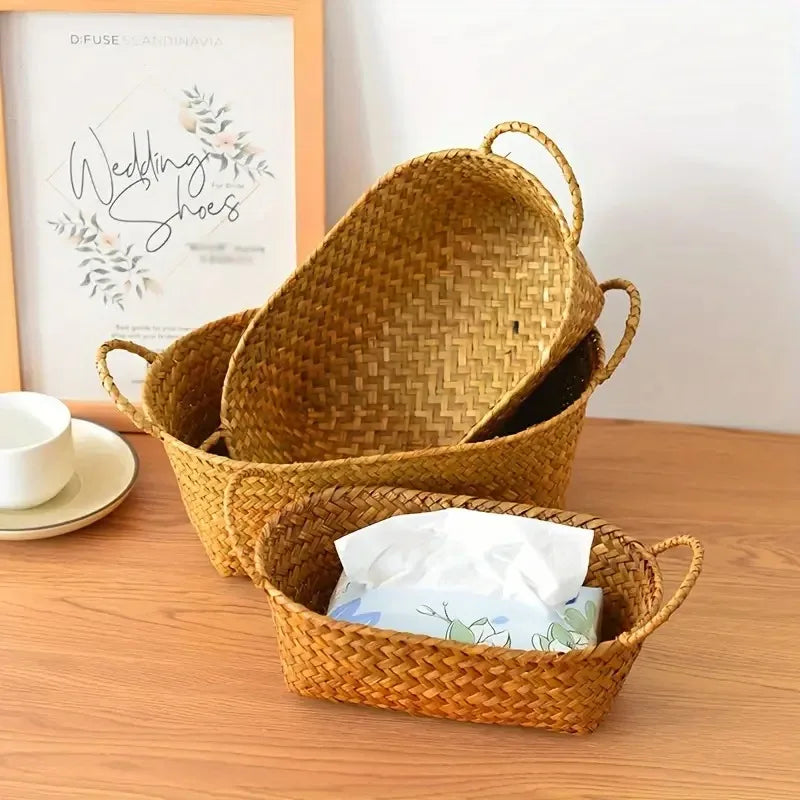 panier tressé bambou réutilisable rangement bohème beige clair marron doré naturel rustique multiple