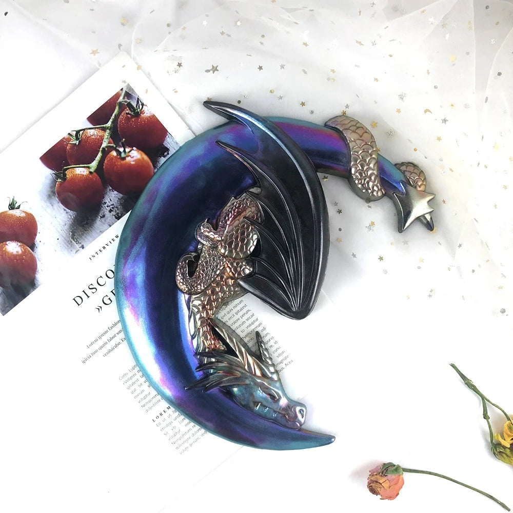 sculpture dragon bleu iridescent métallique fantaisie 10x10cm décoration murale brillante