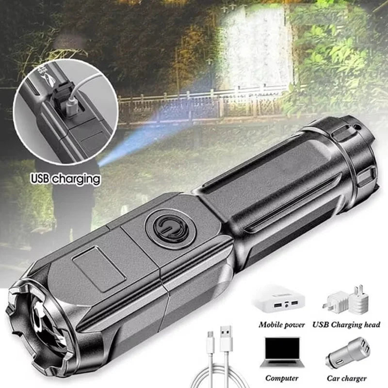 lampe torche télescopique noire moderne chargeur usb portable zoom éclairage camping