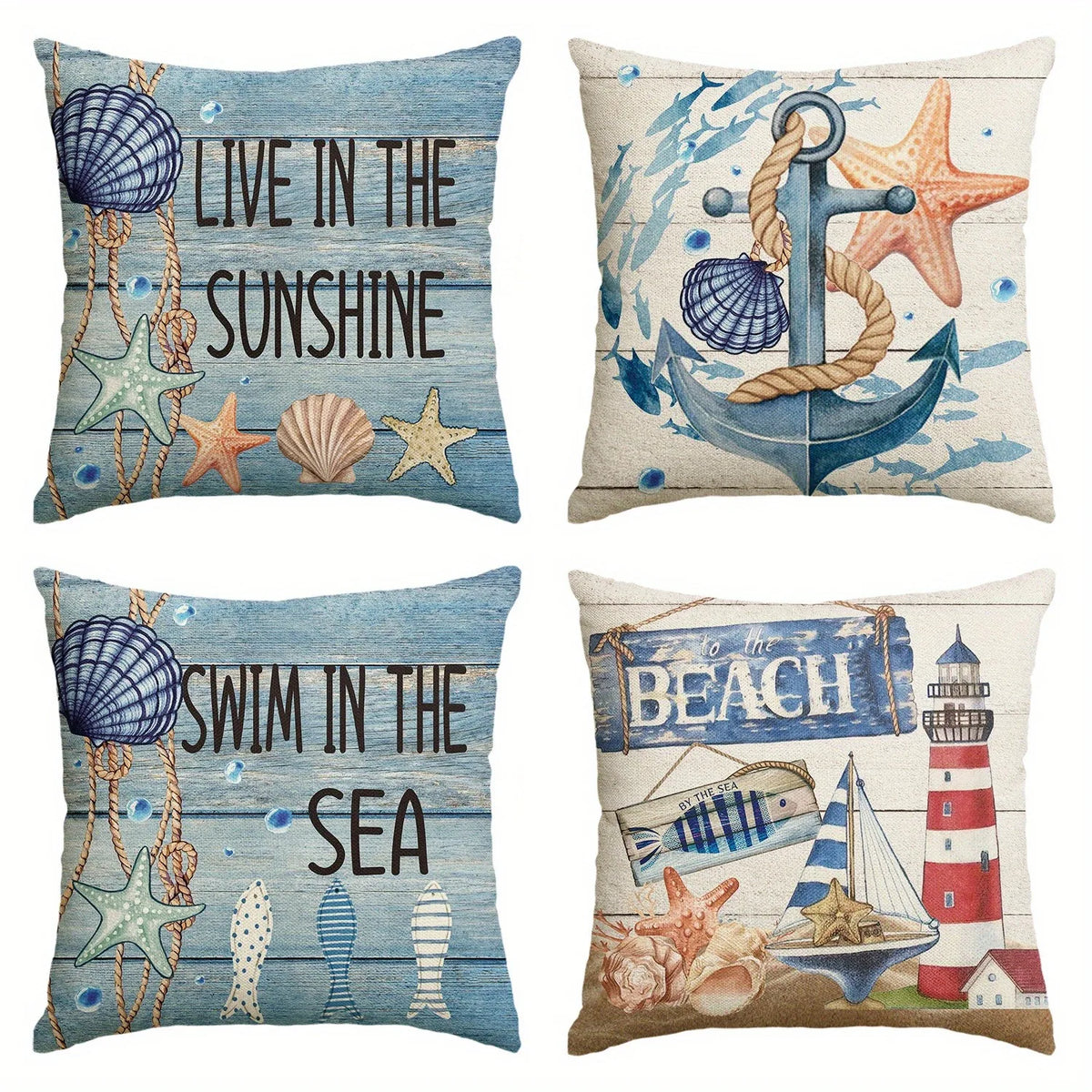 housse coussin motif maritime ancre coquillage marin bleu beige blanc decoration maison voiture 45x45cm