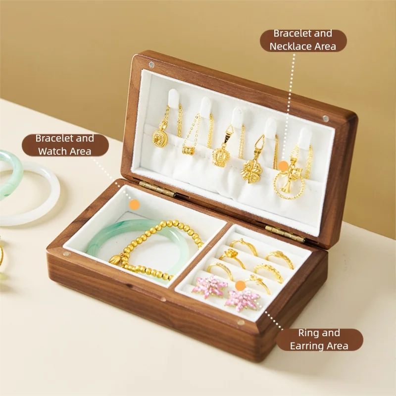 boîte bijoux bois marron intérieur blanc compartiments bagues colliers boucles oreilles classique rangement sécurité