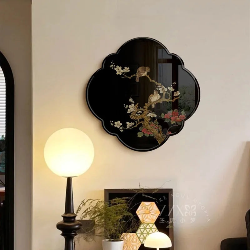 miroir mural vintage fleurs oiseaux artisanal noir blanc chambre salon