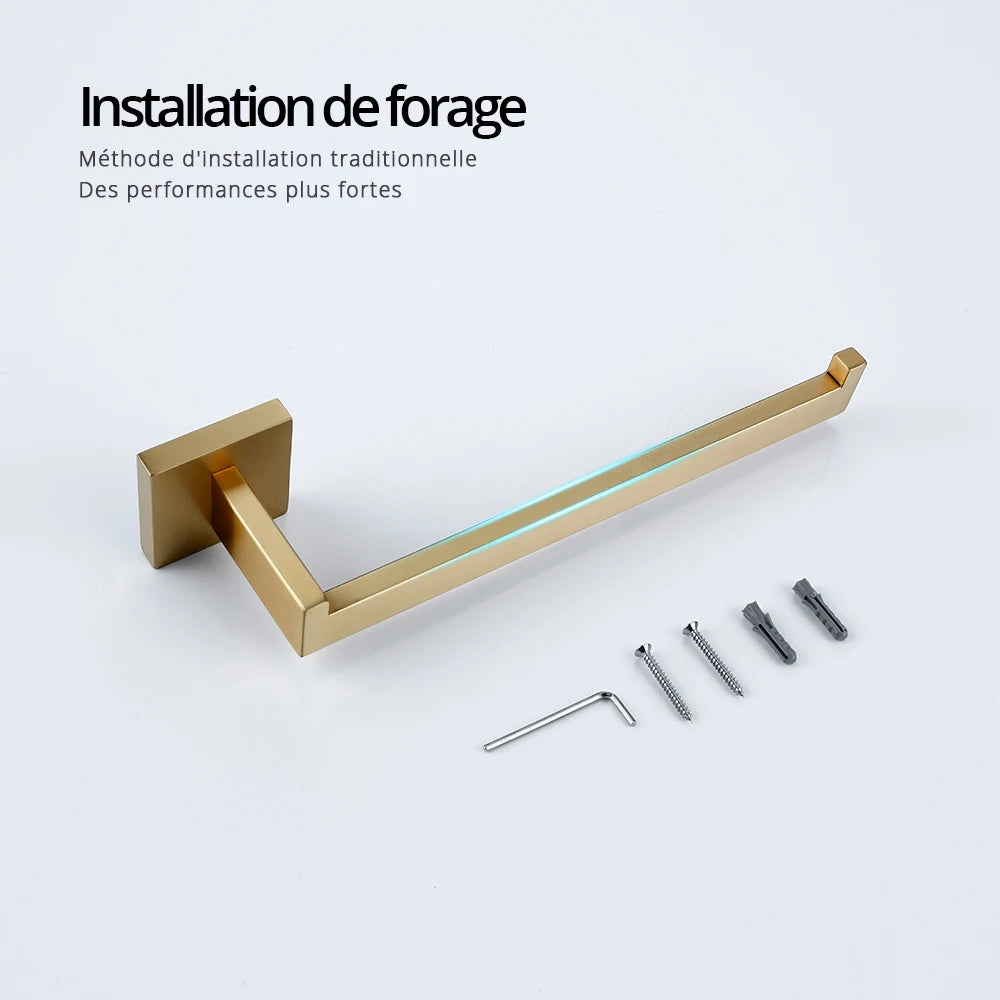 porte serviette mural salle bain moderne doré mat acier inoxydable fixation vis murale