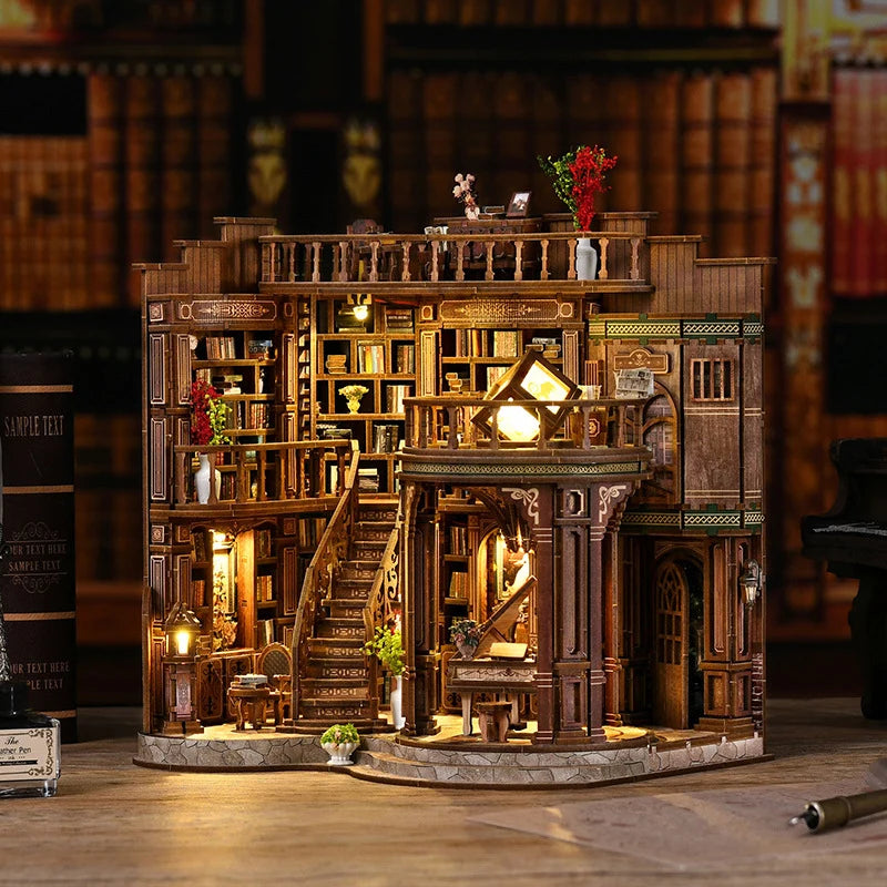 miniature bibliothèque bois vintage livres vases fleur lampe fauteuil escalier