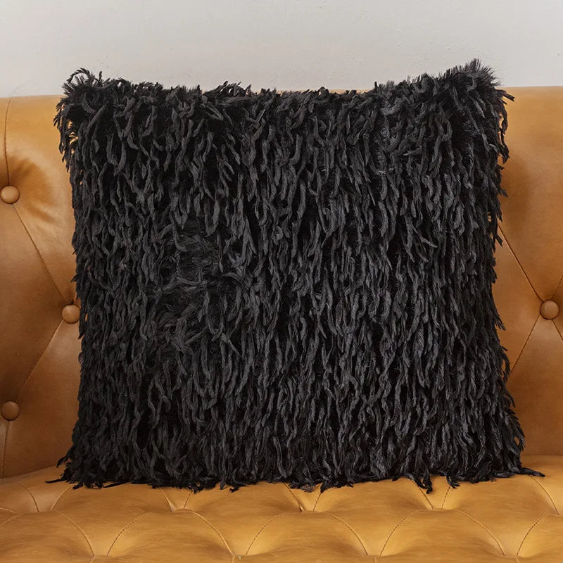 coussins polyester solides modernes noir gris beige violet blanc opaques texture frisée fixés