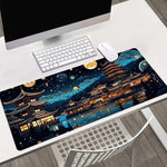 tapis souris noir illustration pagodes japonaises nuit caoutchouc antiderapant jeu numérique