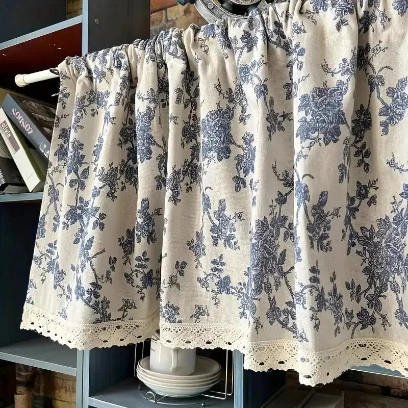 rideau fleuri vintage polyester beige bleu salon chambre