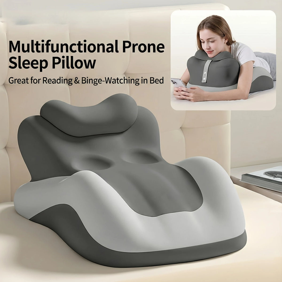 coussin ergonomique lecture lit lecture téléphone repos dos gris foncé moelleux soutien corps confort