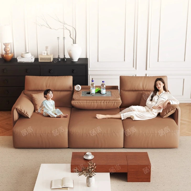 canapé d'angle marron clair moderne coussins table basse dimension 290cm