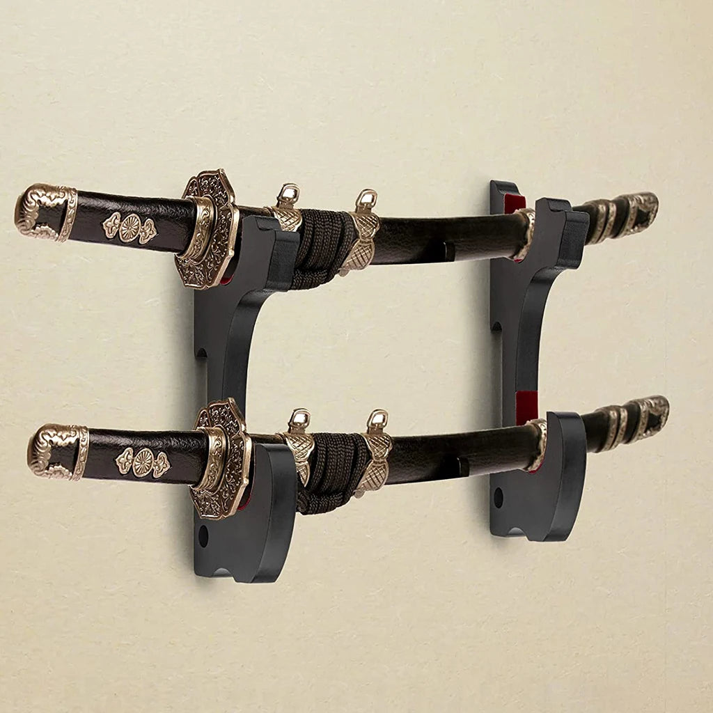 support mural double katana bois noir rouge esthétique japonaise decoration samurai sword holder fixture