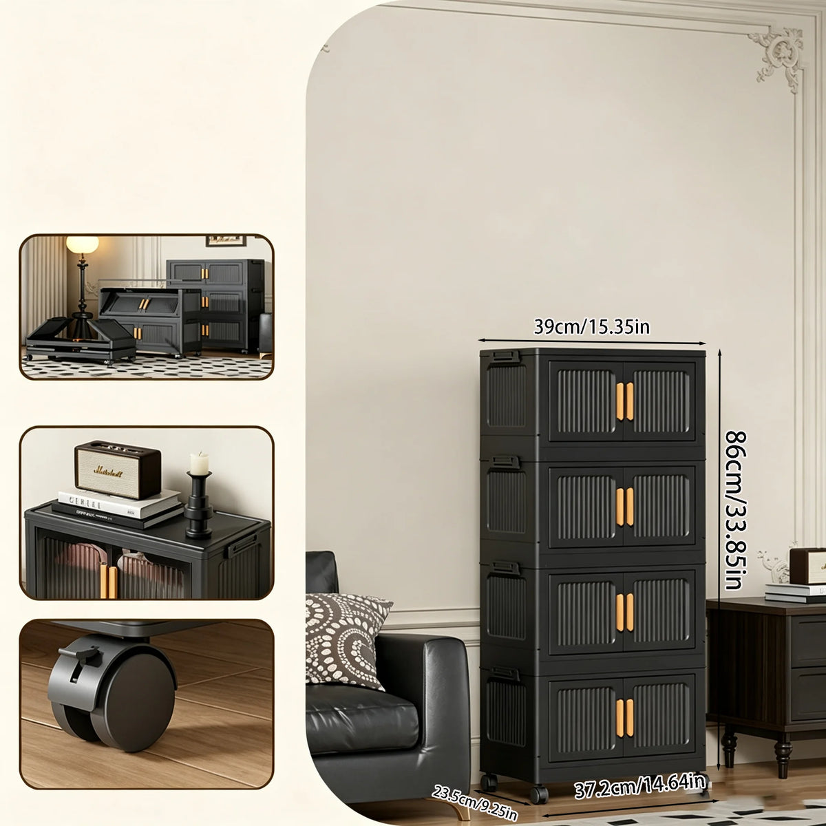 rangement modulaire meuble noir panneaux transparents poignées dorées roulettes facile assembler chambre salon cuisine