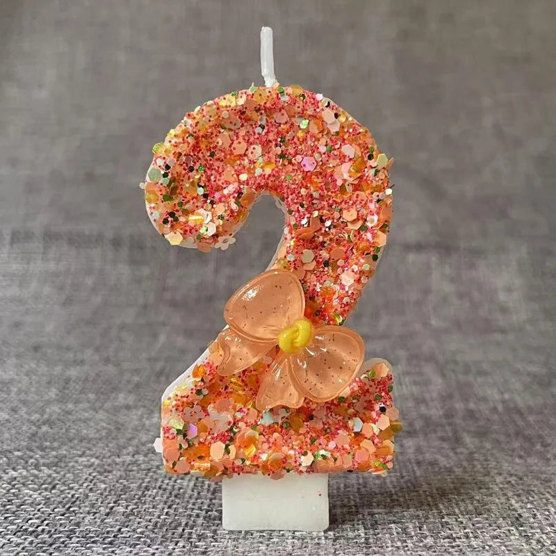 bougie anniversaire chiffre orange paillettes multicolores décoration brillante fleur centroide