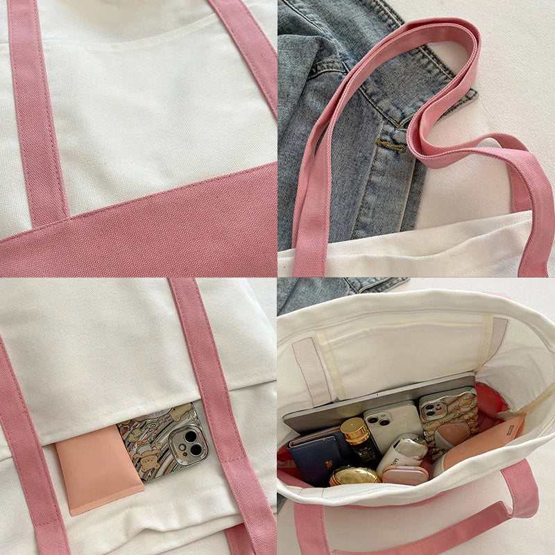 sac main toile beige uni casual bandoulière poches réutilisable grande capacité
