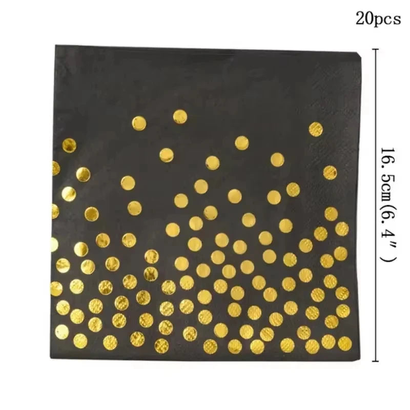 assiettes pois dorés noires gobelets serviettes tablecloth fête anniversaire mariage nouveauannée