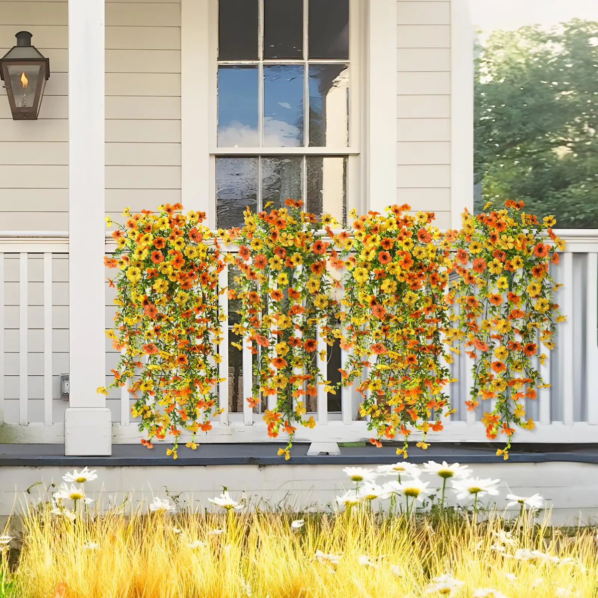 plantes artificielles suspendues fleurs orange jaune vert feuilles vertes moderne extérieur intérieur décoration maison