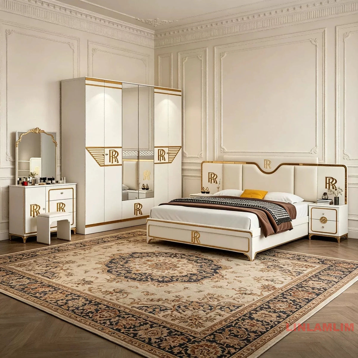 lit tête capitonnée armoire coulissante commode miroir chambre moderne blanc doré