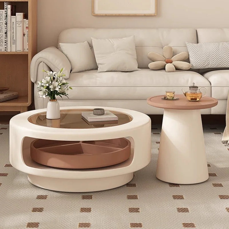 table basse moderne verre transparent plateau rotatif compartiment trois sections couleur beige marron clair