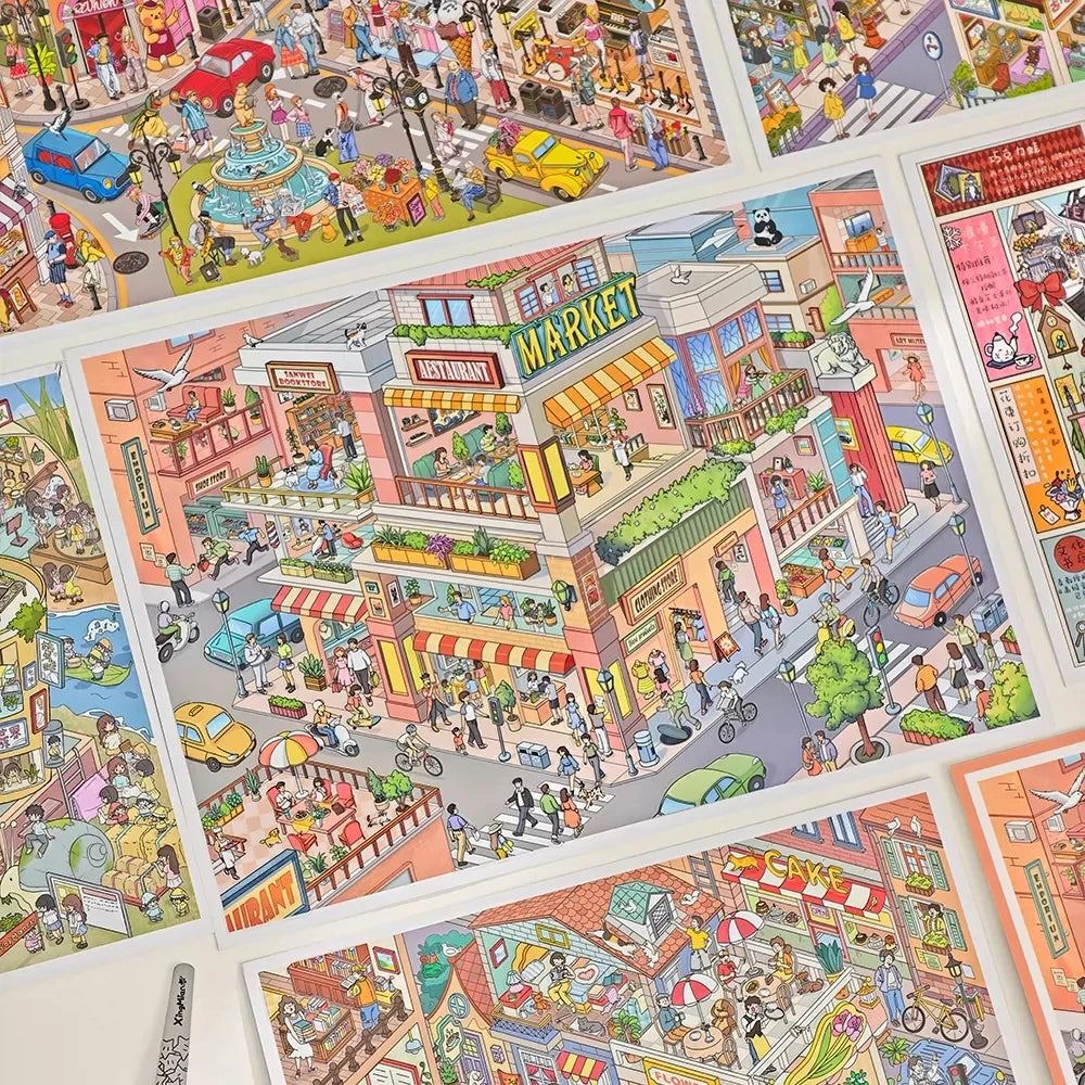 sticker 3d grande taille scène urbaine personnages bâtiments voiture illustration colorée enfants jouet