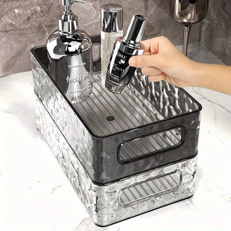 boîte rangement transparente texture ondulée poignées moderne cosmétiques salle bain rechargeable plastique