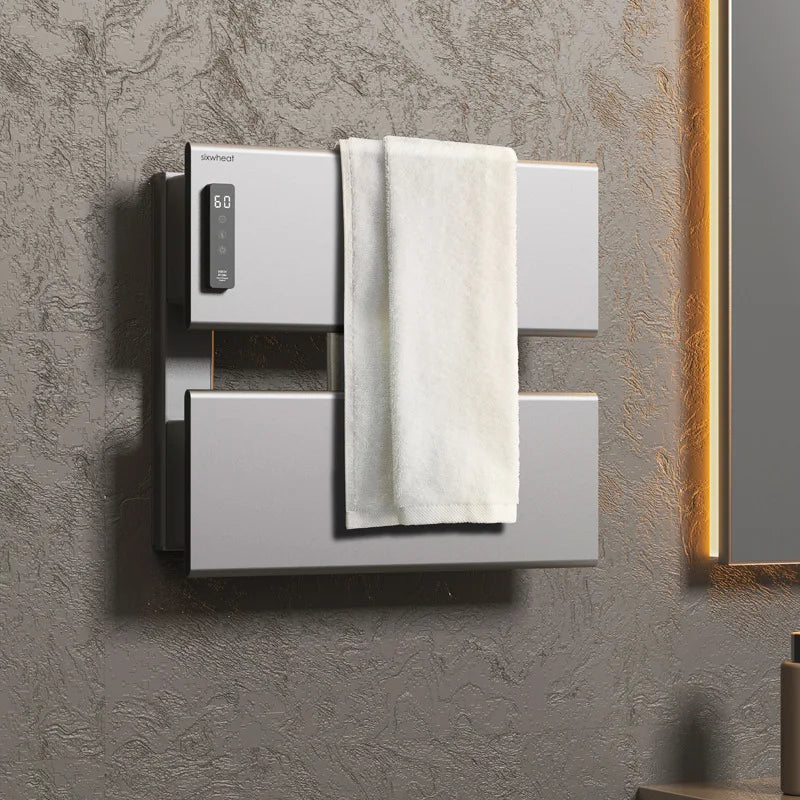 radiateur électrique moderne adhésif gris métallisé serviette blanche serviette motif géométrique 480mm large 158mm