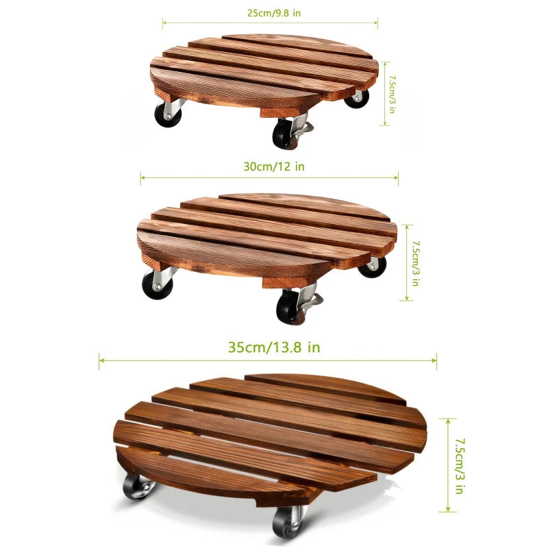 plateforme mobile plante roues verrouillables bois rustique 35cm diamètre 30cm 25cm