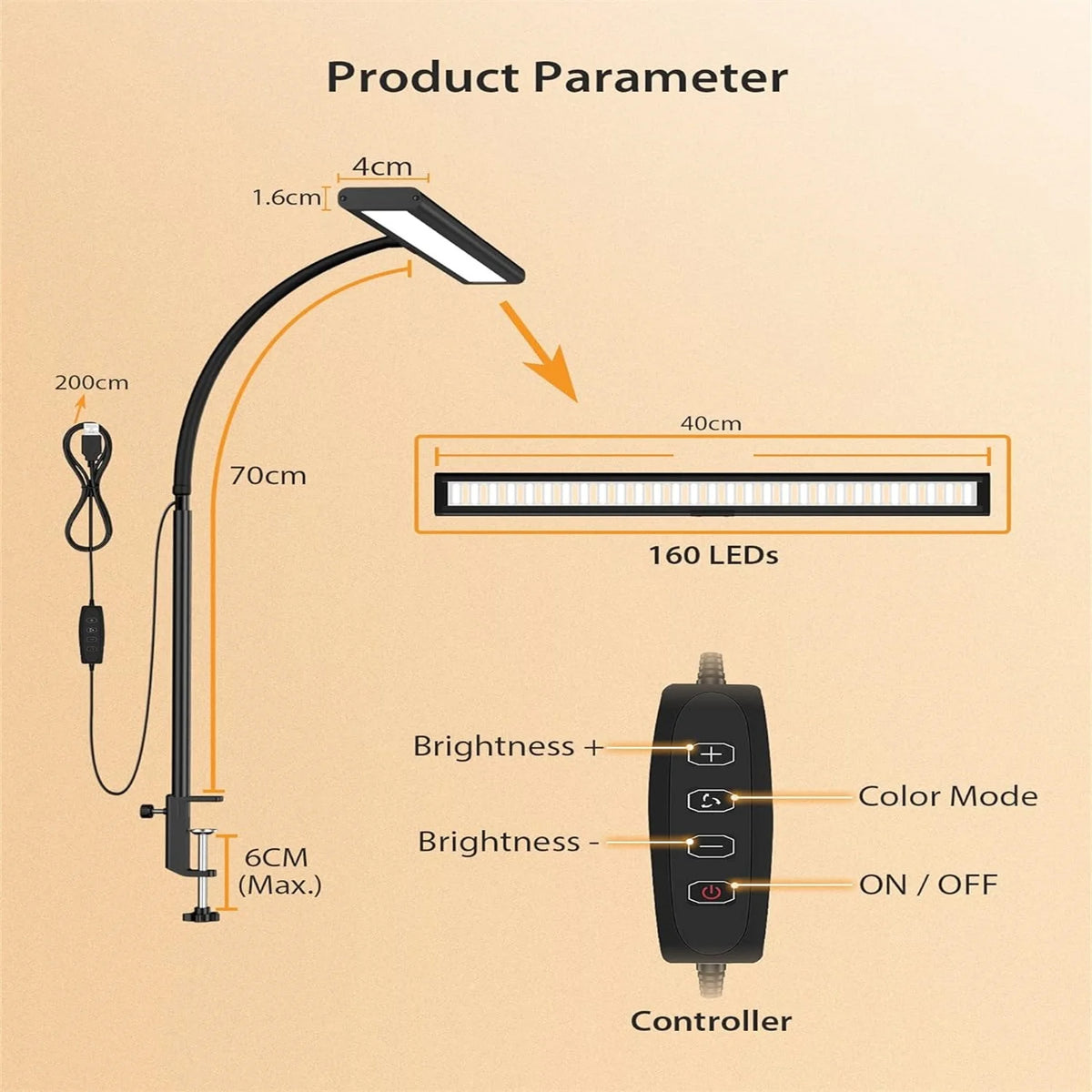 lampe led moderne noir blanc réglable 70cm 160leds 6000k 4500k 3000k