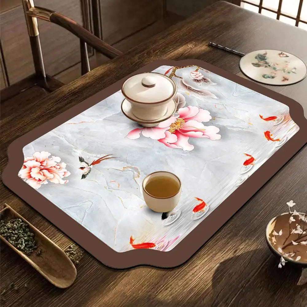 tapis table art traditionnel fleurs oiseaux bleu clair beige brun