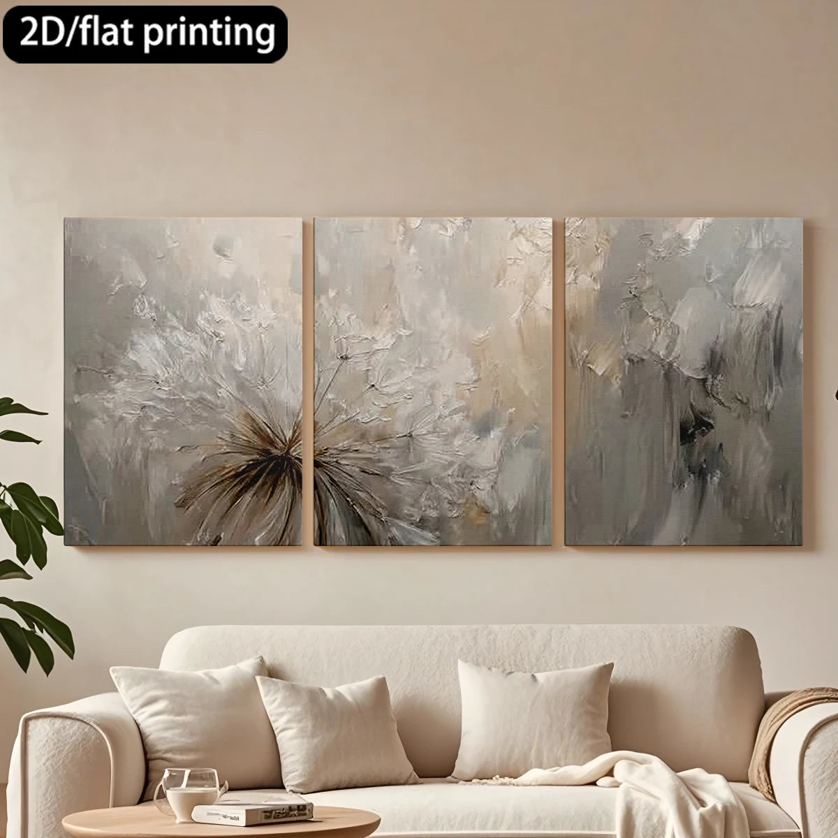 tableaux abstraits moderne minimaliste toile imprimée cadre bois triptyque décoration chambre tons doux fleurs
