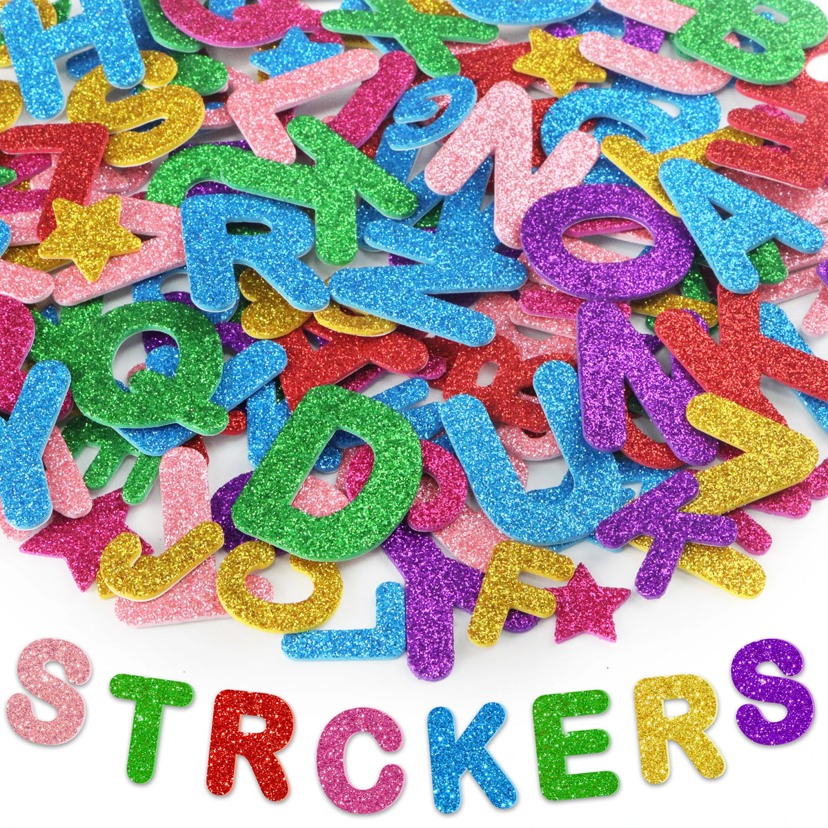 sticker mousse pailletée multicolore alphabet coeur étoile décoration brillante adhésif scolaire festif loisirs créatifs