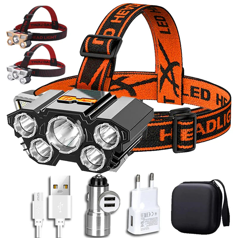 lampe frontale led rechargeable usb camping pêche chasse haute luminosité noir orange rouge