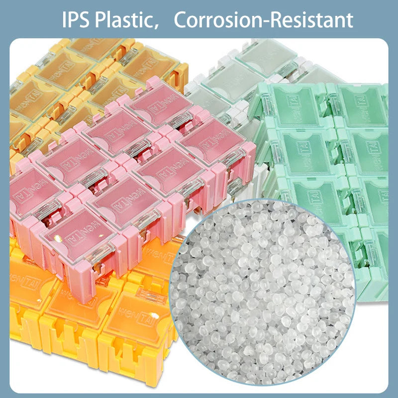 boîtes rangement composants électroniques bleu clair vert rose plastique lisse clips pratique compact