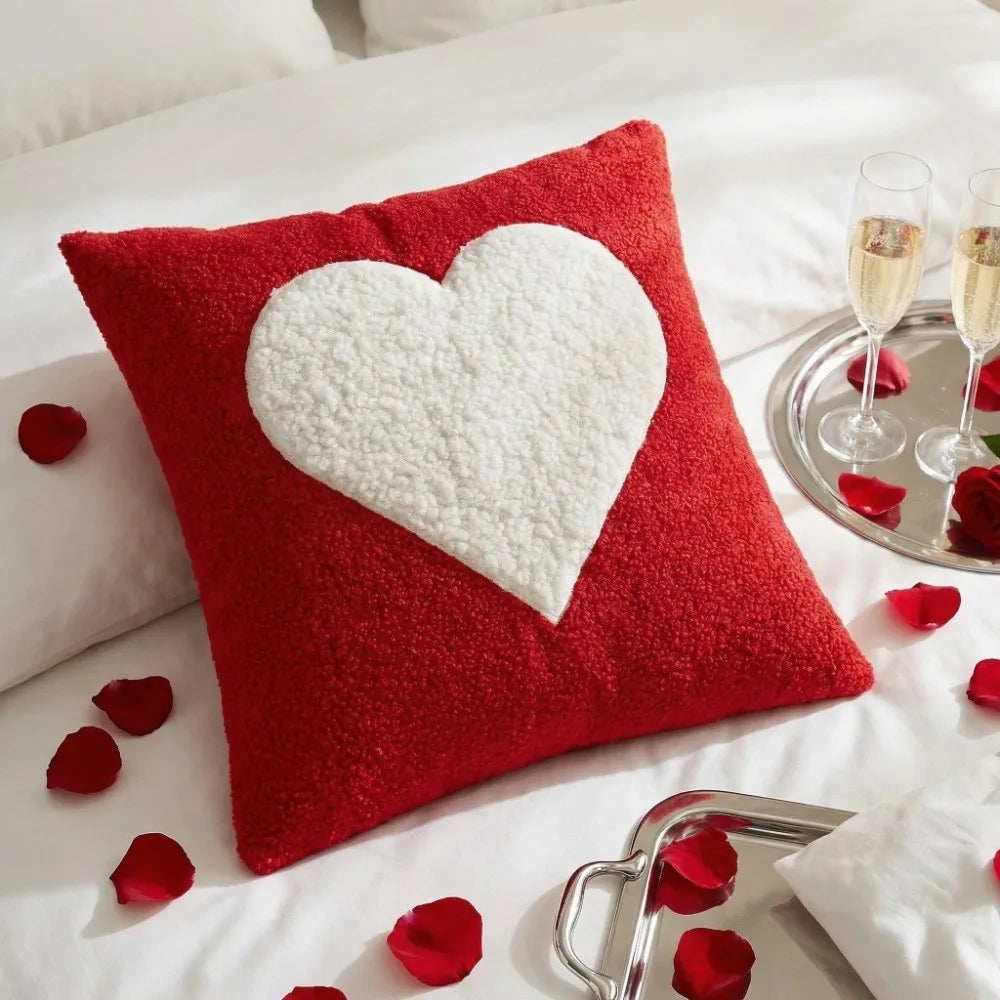 housse coussin décorative cœur rouge blanche moelleuse lit maison romantique cosy 45cm 45cm