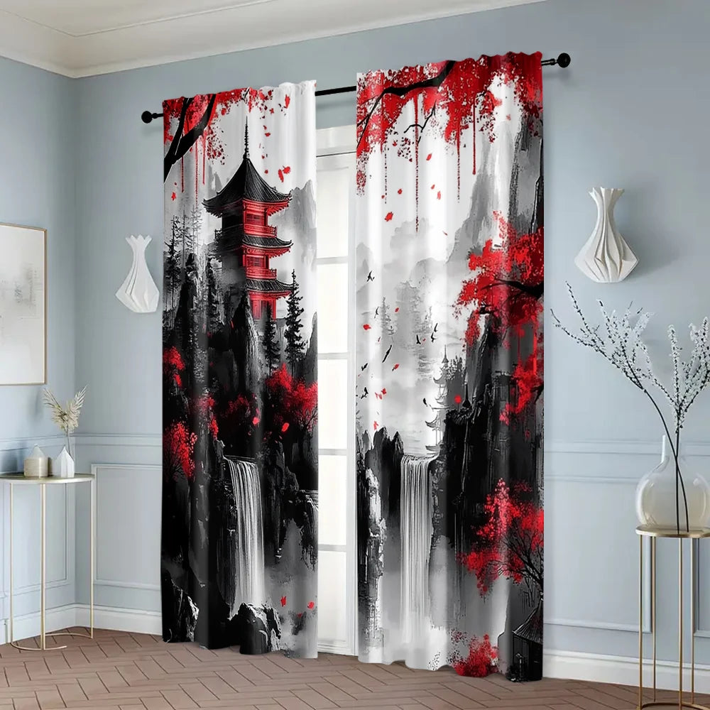 rideau moderne paysage abstrait pagode arbres cascades polyester rouge noir blanc