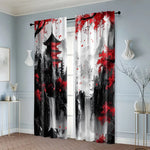 rideau moderne paysage abstrait pagode arbres cascades polyester rouge noir blanc