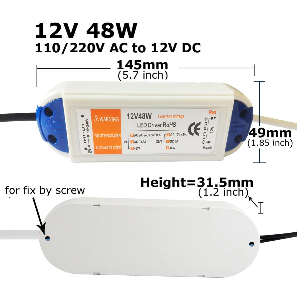 transformateur led 12v 100w 28w blanc bleu moderne câbles noirs rouges vis fixation certifié