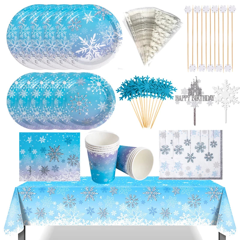 assiettes jetables flocons neige blanc argent anniversaire noël fête hiver serviettes gobelets verres
