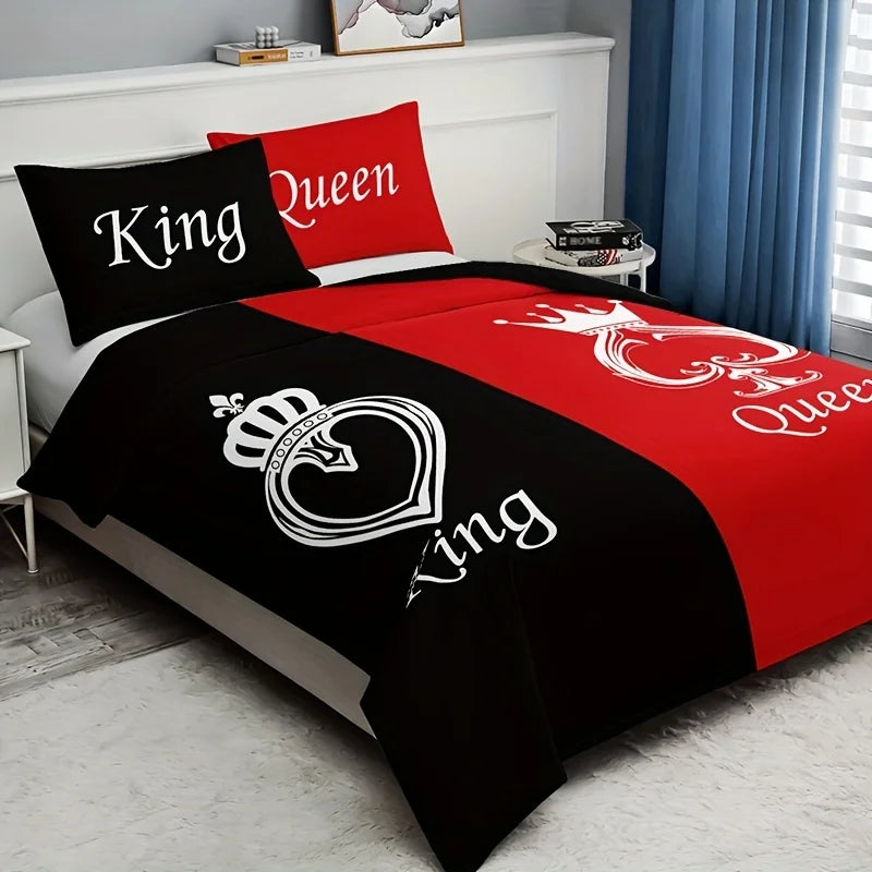 parure lit housse couette rouge noir motif couronne texte king queen moderne