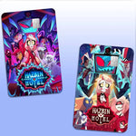 autocollant carte bancaire hazbin personnages dessin animé bleu violet rouge pop art