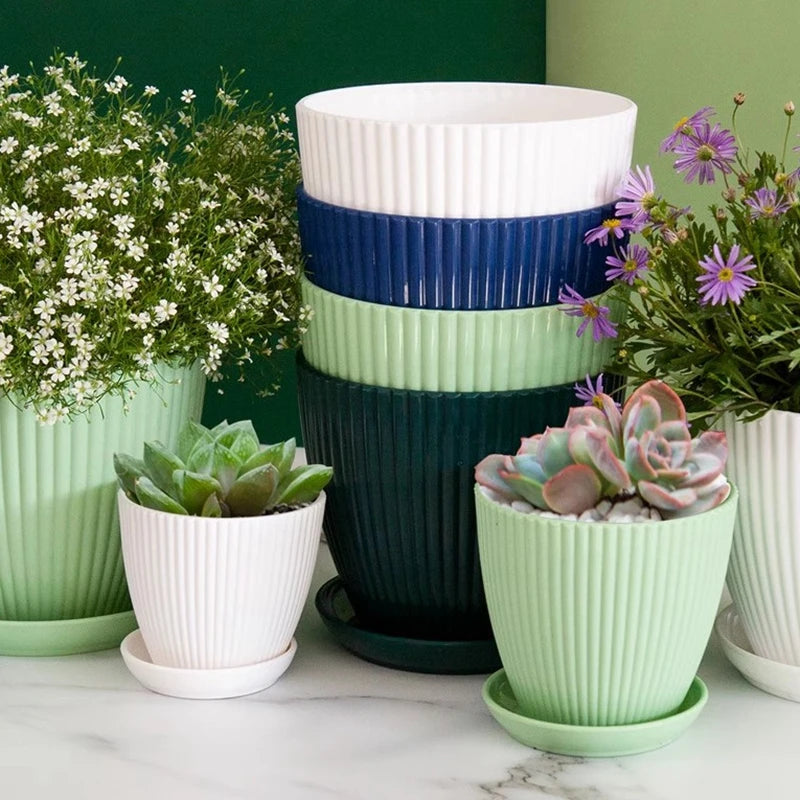 pots fleurs modernes rayures vertes bleus blancs plateau XL XXL