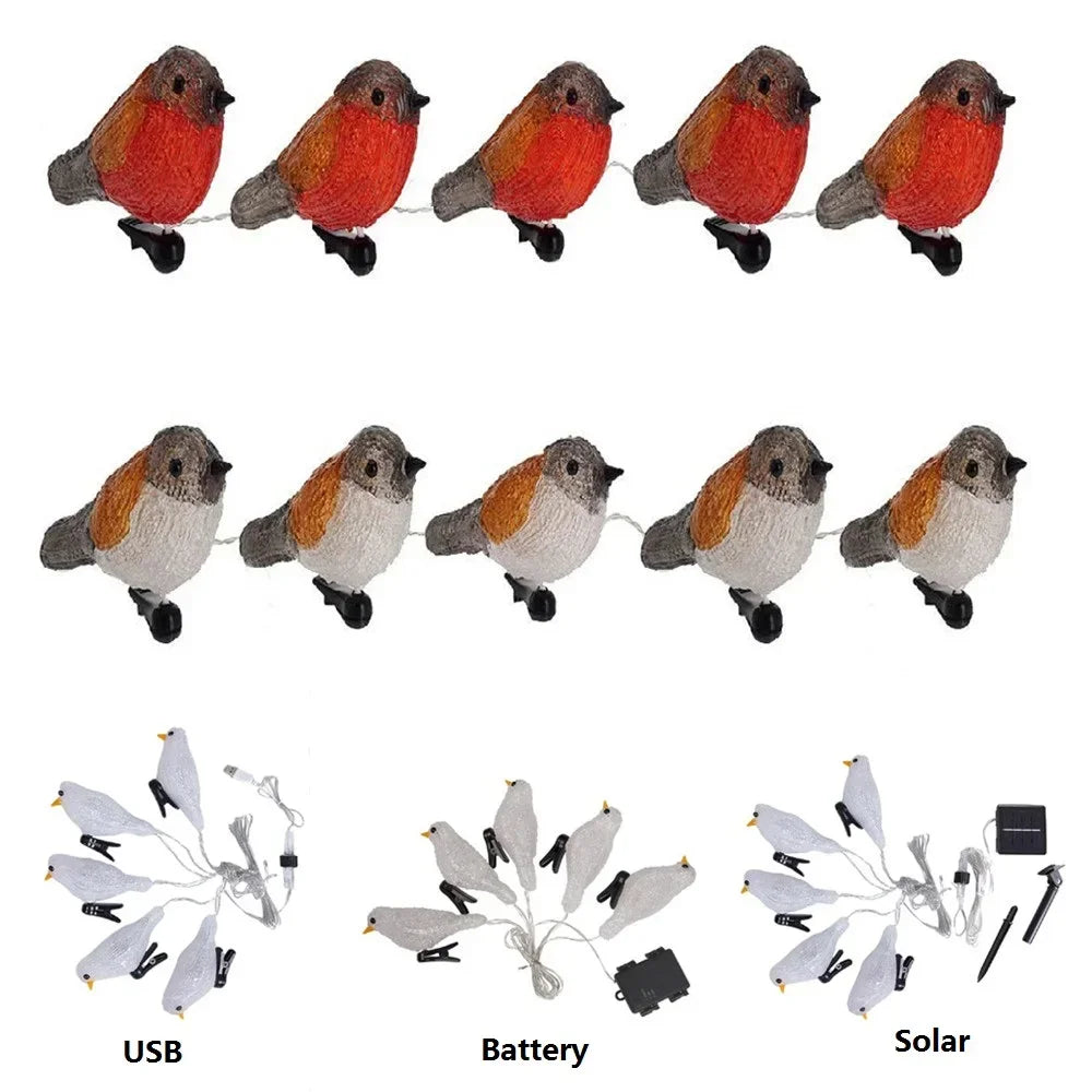 guirlande oiseaux bleu doré lumineuse clips solaire usb led jardin festive
