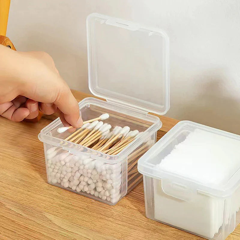 boîtes rangement transparentes modernes coton tige lingettes tampons maquillage clips pratiques salle bain