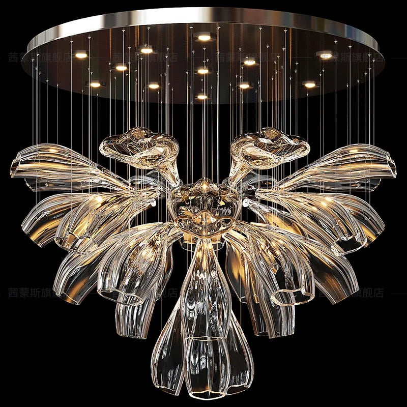 lustre suspendu led cristal transparent forme feuilles fleurs moderne luxe salon hall villa